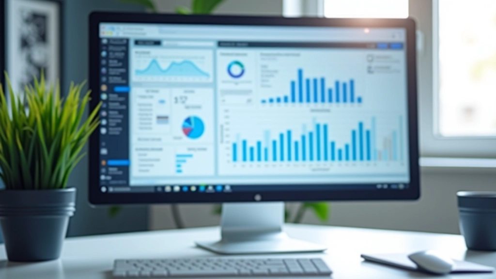 Desktop computer showing financial dashboard with real-time transaction data and synchronization metrics on display screen