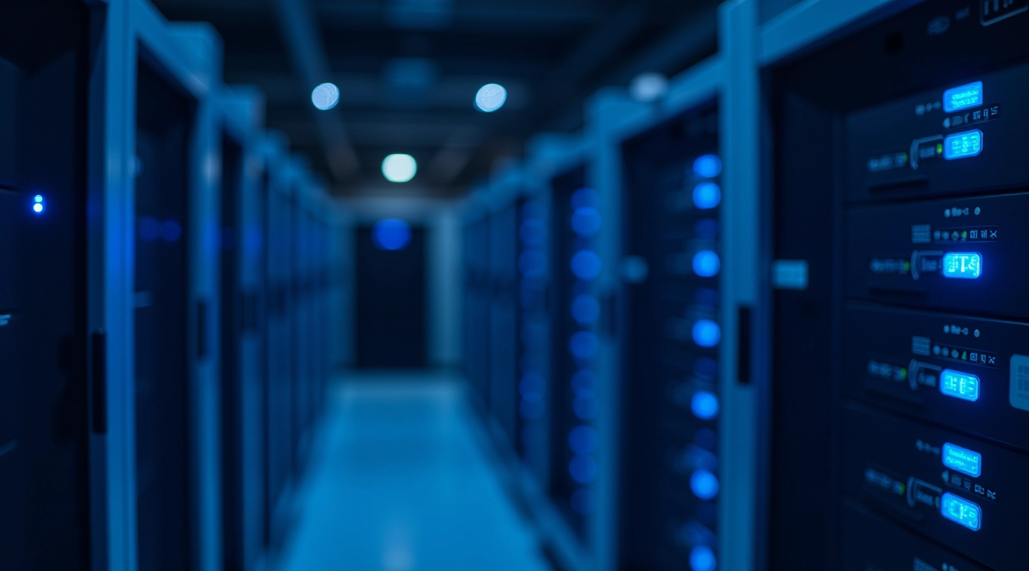 Modern data center with server racks and blue LED lighting showing secure infrastructure setup