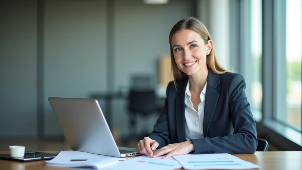 Professional woman in business blazer seated at desk with computer, organized workspace with documents